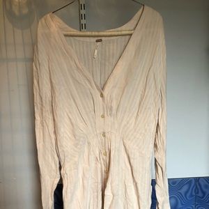 Free People Belted Button Up Tunic Cover Up Low Neck Beige Cream